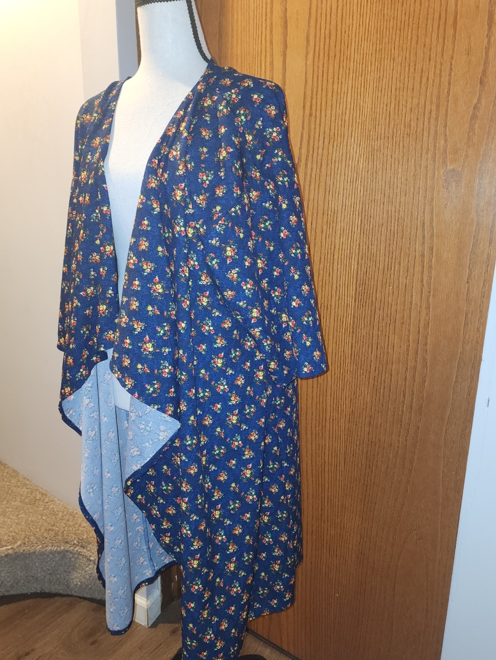Floral Open-Front Blue Duster Jacket Cardigan L